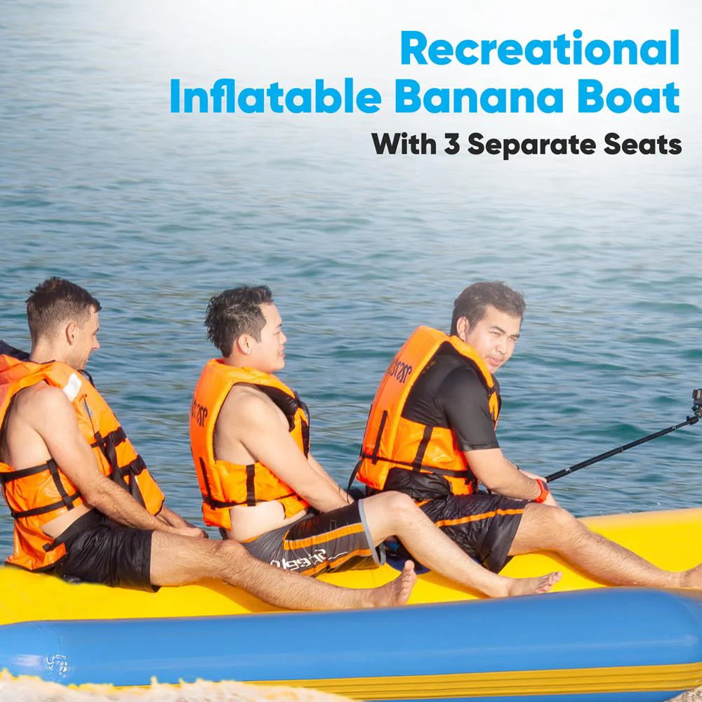 SereneLifeHome 3 Person Inflatable Banana Boat, Includes Storage Bag, Foot Pump, and Repair Kit, Tough and Thick, Reinforced Seats and Foot Areas, Easy Inflation and Deflation