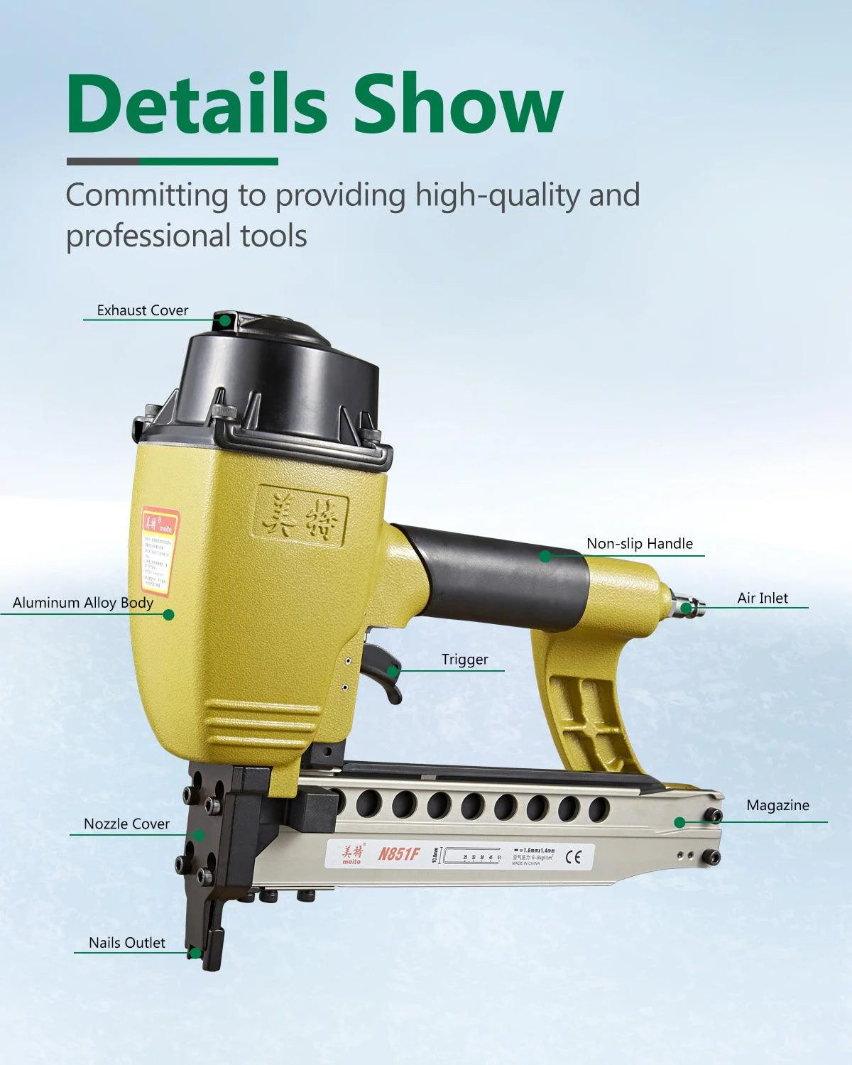 meite N851F Pneumatic Staple Gun 16 Gauge 7/16" Crown Sequential Nailing, Uses 16 GA 7/16-Inch Staples (1-Inch to 2-Inch)