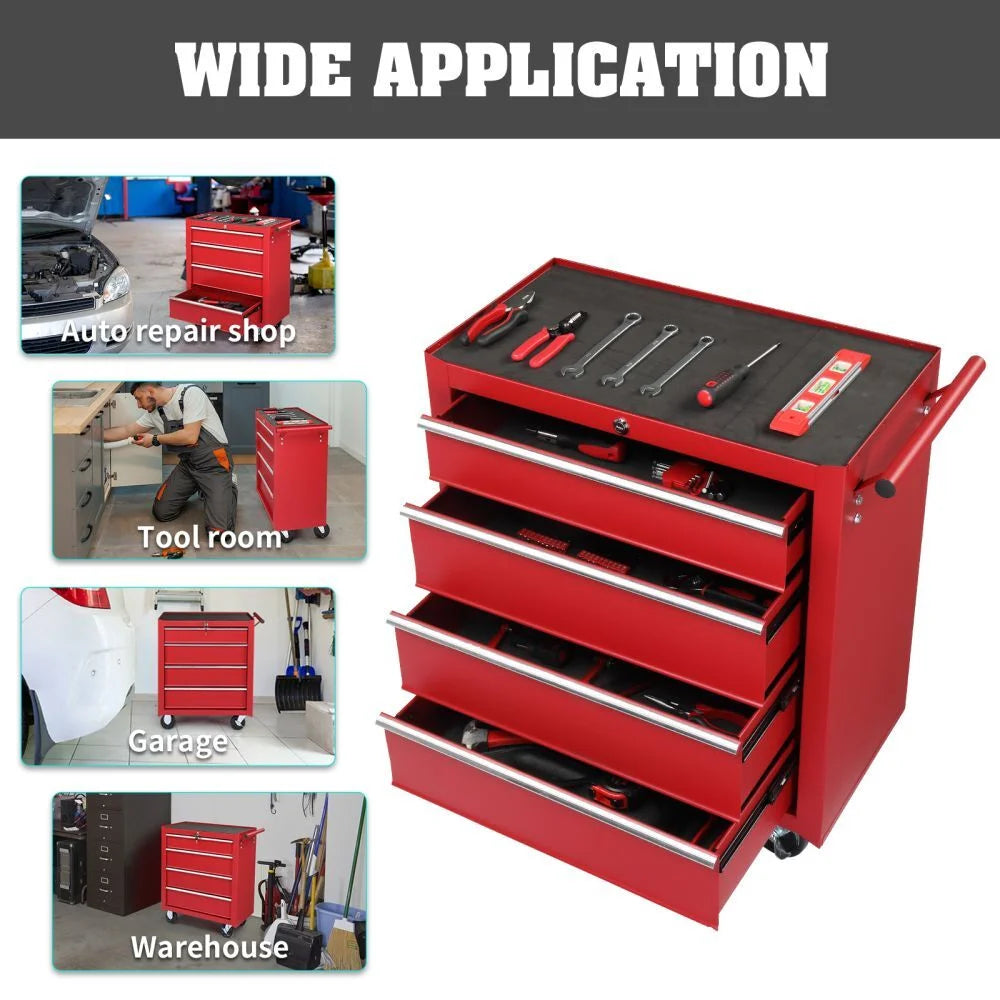IVV 4-Drawer Rolling Tool Chest w/Lock & Key, Tool Storage Cabinet with Universal Wheels, Anti-Scratch Liners, Tool Organizer Box for Garage, Warehouse & Repair Shop, Red