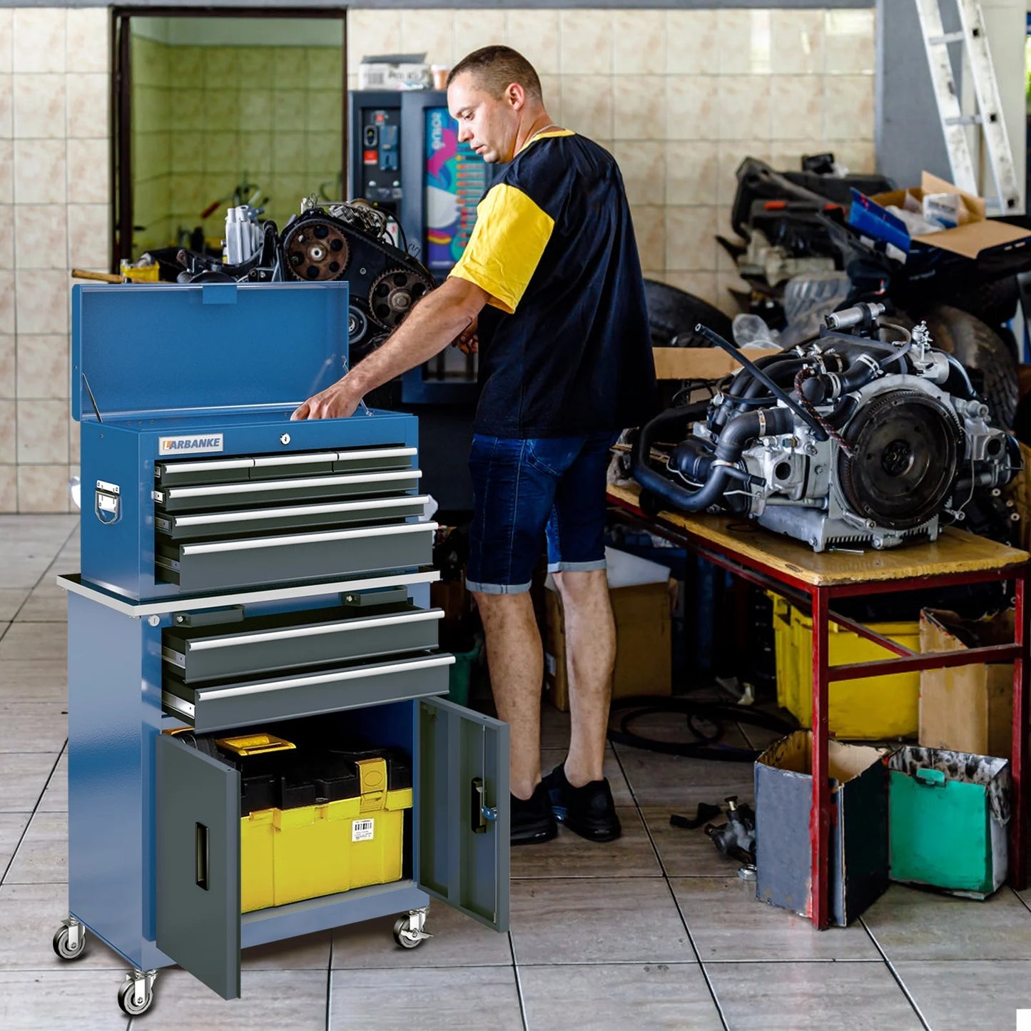 8-Drawer Rolling Tool Chest with Stainless Top & Sliding Drawers - Heavy-Duty Garage Workbench with Wheels