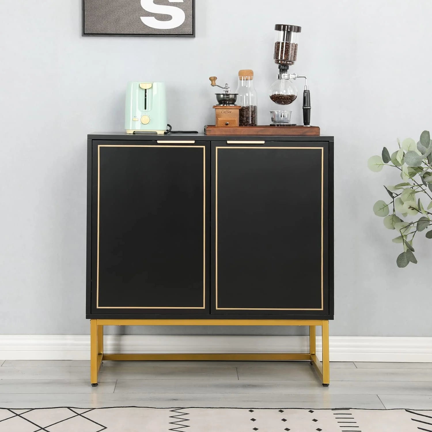 Yoleny 31'' Buffet Cabinet with Storage, Accent Cabinet with 2 Doors, Gold Trim and Golden Legs, Wooden Sideboard with Adjustable Shelf and Feet for Bedroom, Living Room, Kitchen, Hallway, Black