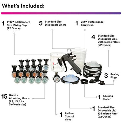 3M Performance Spray Gun Starter Kit, 26778, Includes PPS 2.0 Paint Spray Cup System, 15 Replaceable Gravity HVLP Atomizing Heads, Air Control Valve