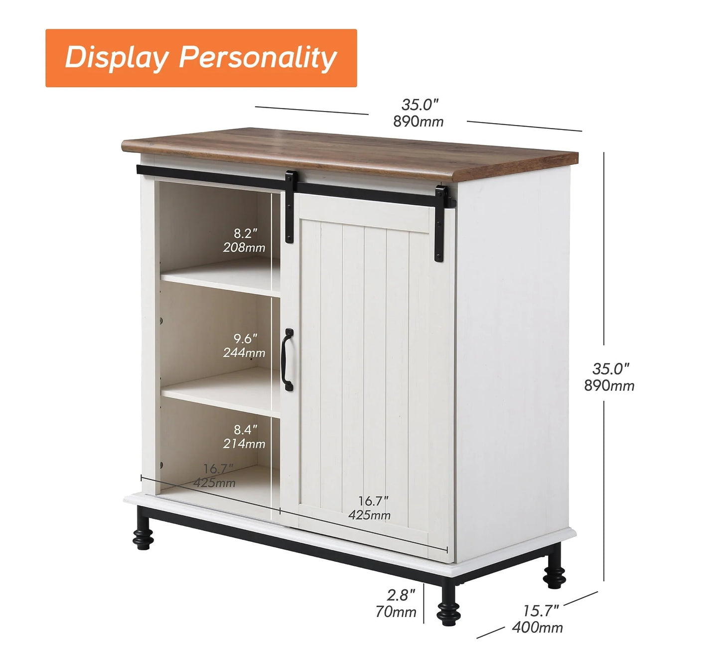 Wampat Farmhouse Barn Door Accent Storage kitchen Cabinet with Metal Legs, White