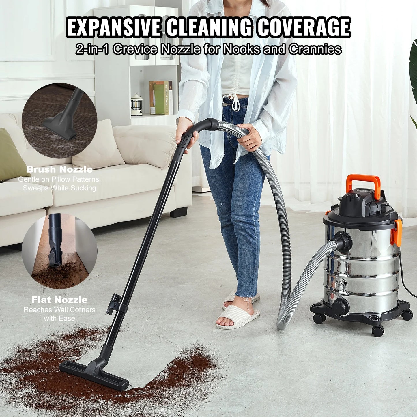 VEVOR Stainless Steel Wet Dry Shop Vacuum, 8 Gallon 6 Peak HP Wet/Dry Vac, Powerful Suction with Blower Function w/Attachment 2-in-1 Crevice Nozzle, Small Shop Vac Perfect for Carpet Debris