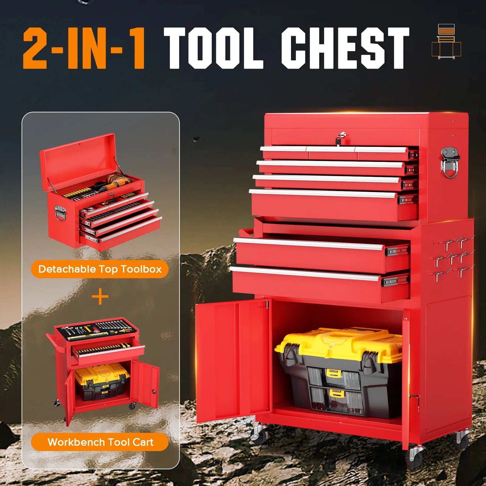 2-IN-1 Tool Chest & Cabinet, Large Capacity 8-Drawer Rolling Tool Box Organizer with Wheels Lockable, Red