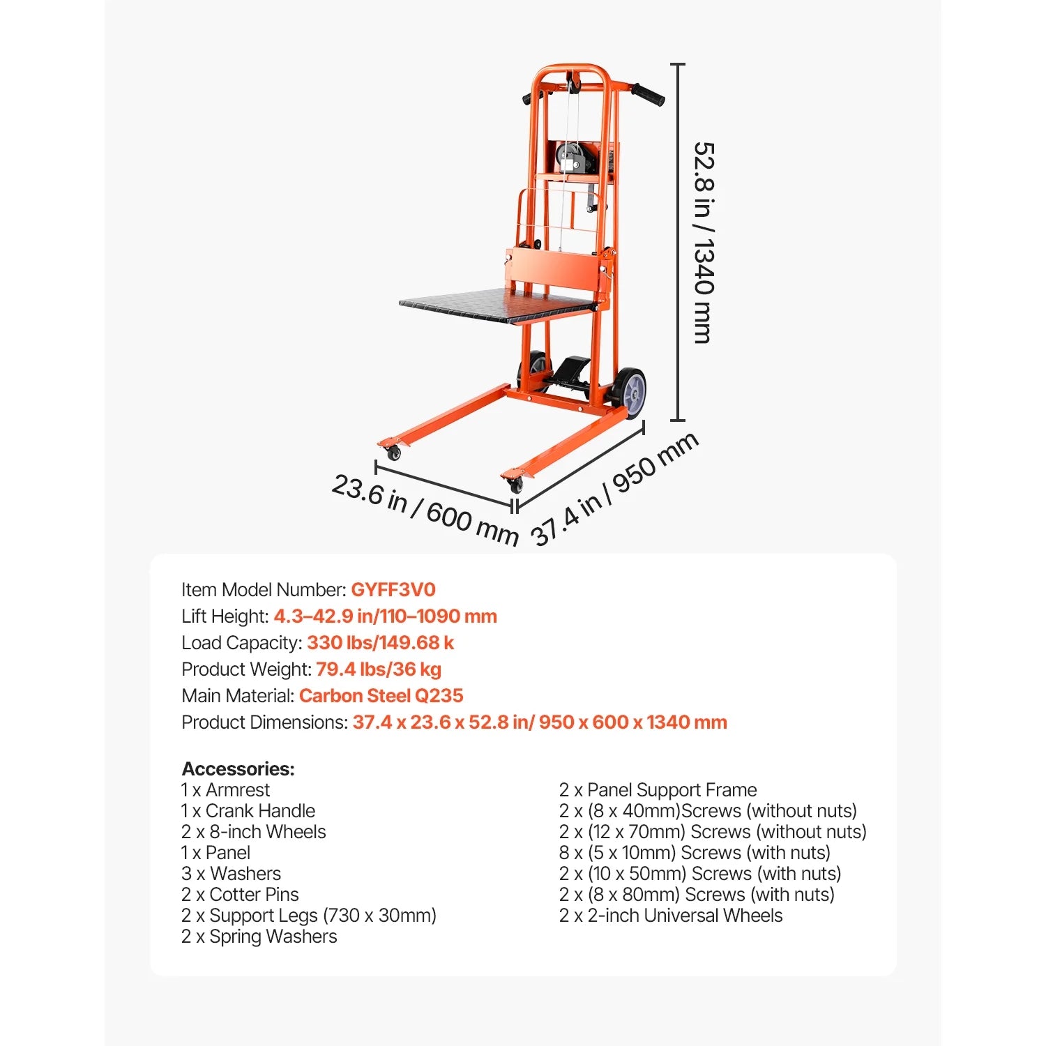 KFFKFF Manual Lift Stacker, Pallet Dolly with 330lbs Load Limit, Maximum Elevation of 42.9in, Winch Stacker, Versatile Pallet Truck Stacker Equipped with Rotating Wheels and Lifting Plate