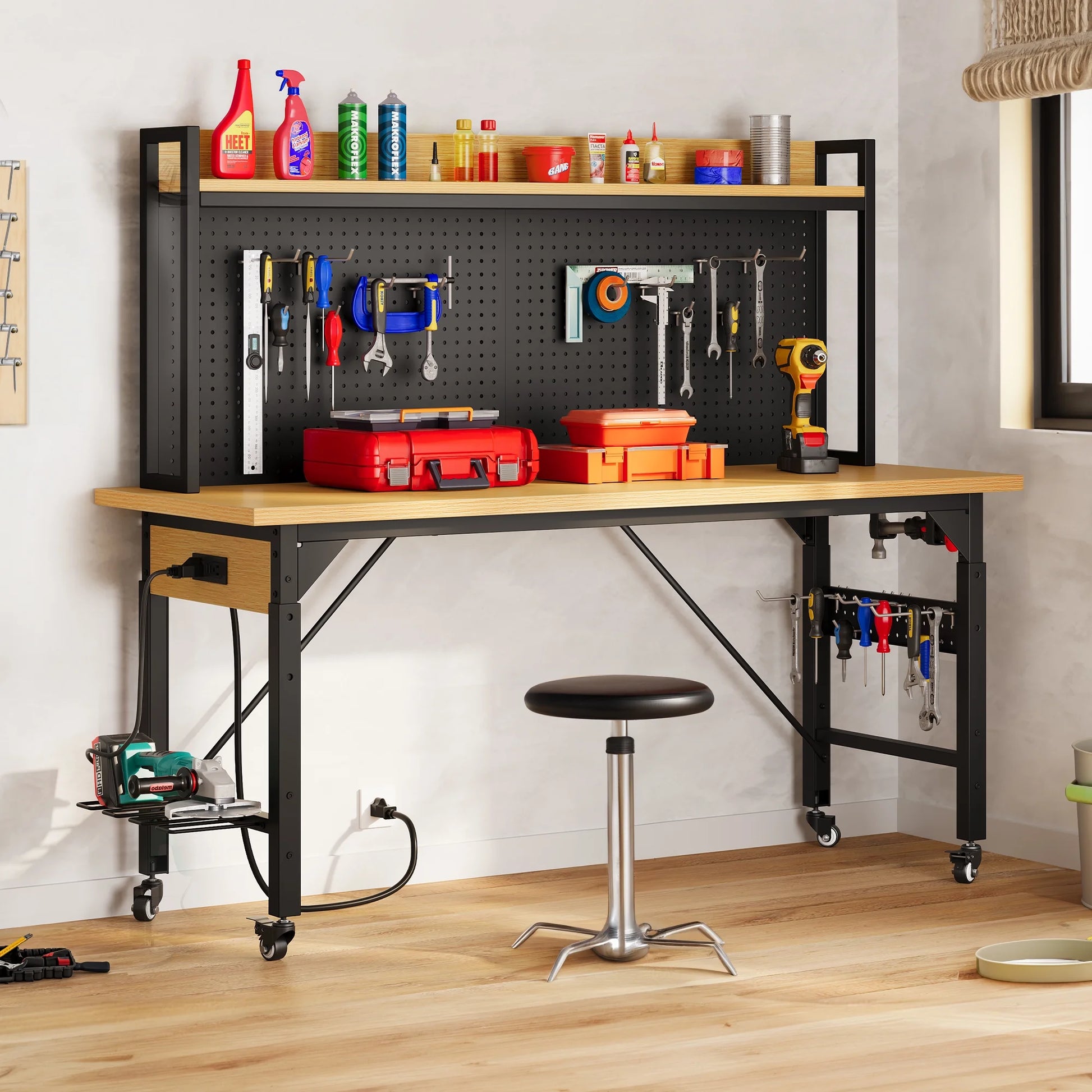 DWVO Tool Cart, Workbench Adjustable Height Work Bench For Garage Oak Plank & Carbon Steel Heavy Duty Workbench 2000lbs Weight Capacity Bench top Size 59.1" x 23.6" with Pegboard Power Outlets