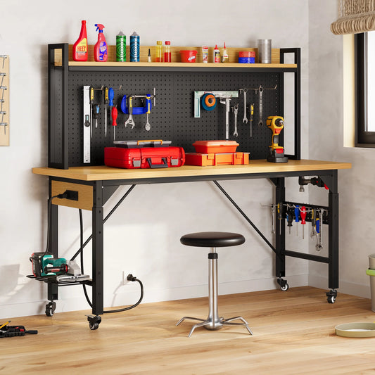 DWVO Tool Cart, Workbench Adjustable Height Work Bench For Garage Oak Plank & Carbon Steel Heavy Duty Workbench 2000lbs Weight Capacity Bench top Size 59.1" x 23.6" with Pegboard Power Outlets