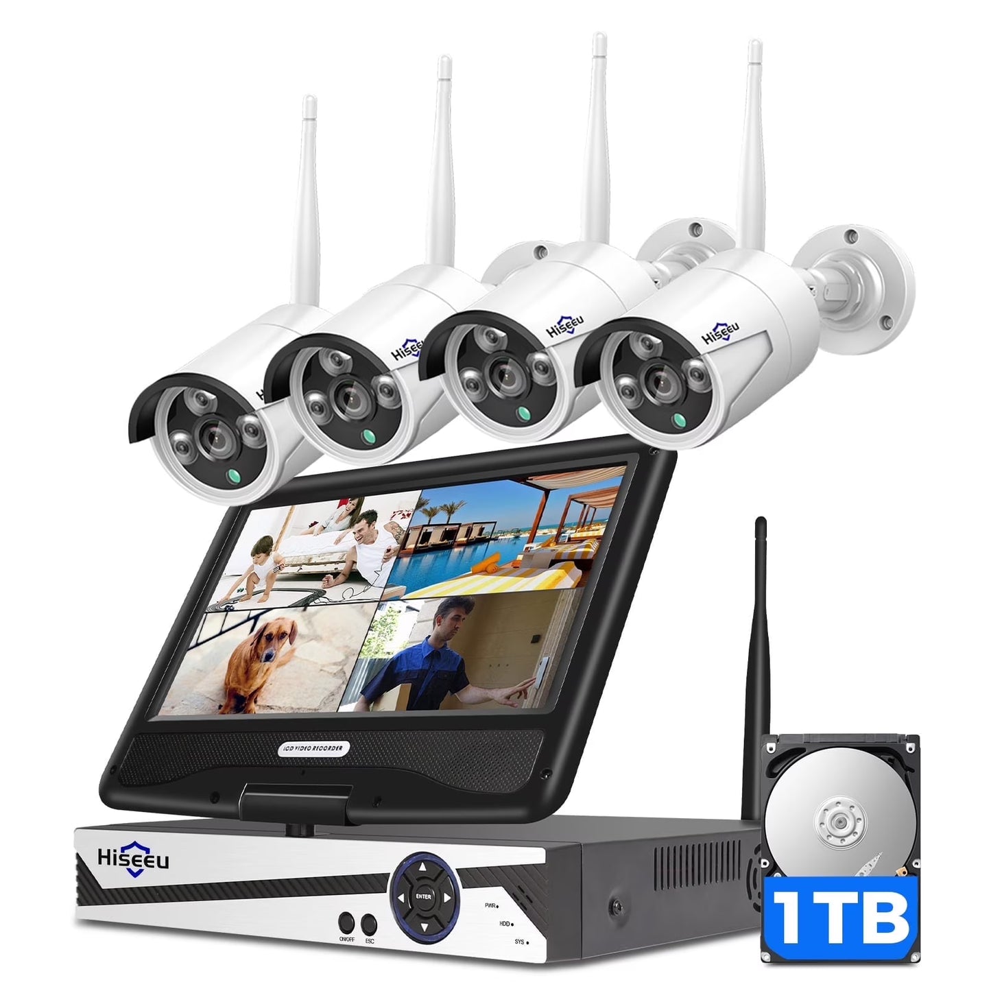 Hiseeu Security Camera System with 10.1'' Monitor 10CH 1TB Hard Drive NVR, Wireless Wifi Cameras for Recording and Remote View, Home Security Camera System