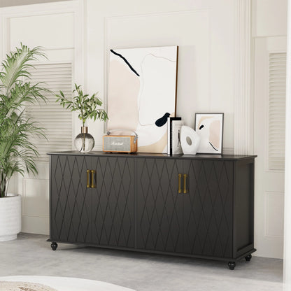 RULI Sideboard Buffet Cabinet Stand for Storage, 62 Inch Coffee Bar Cabinet with 4 Compartments, Kitchen Cupboard Console Table for Living Room, Dining Room, Black