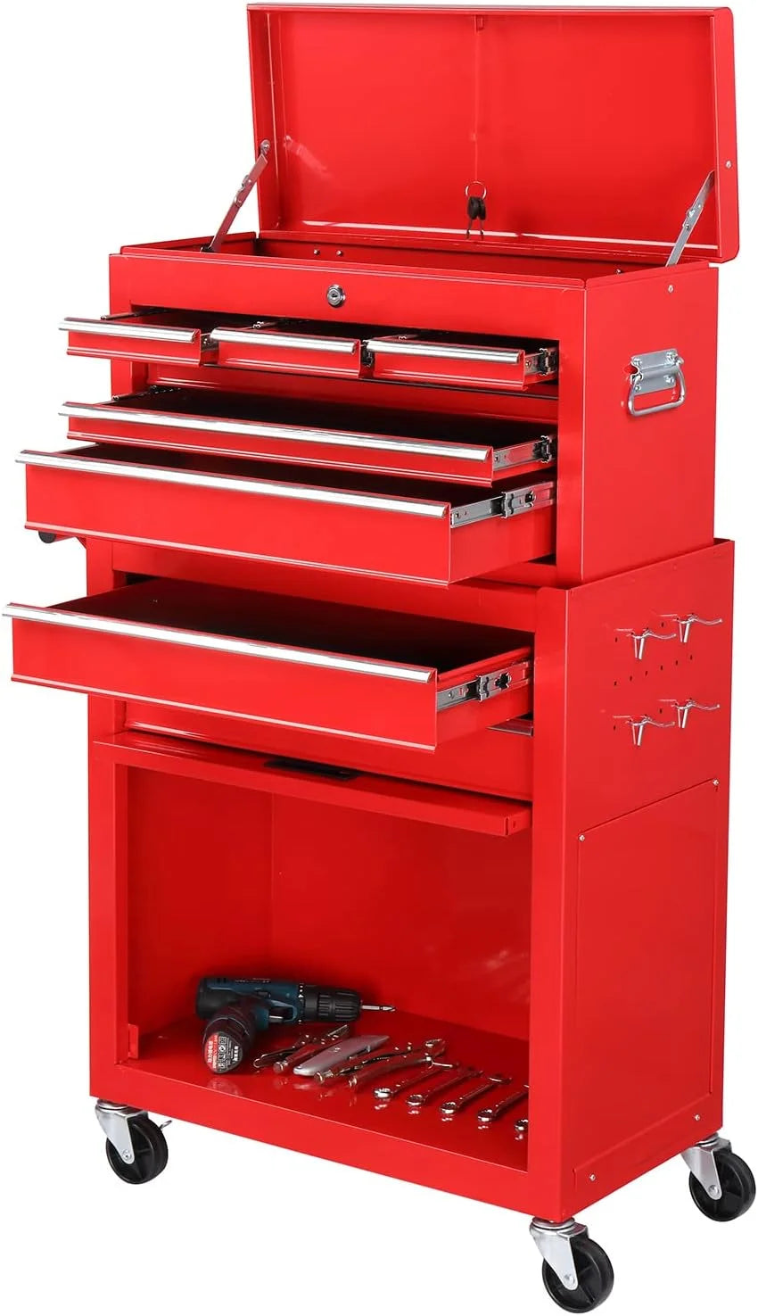 TUFFIOM 8-Drawer Rolling Tool Chest w/Lock & Key, Tool Storage Cabinet w/Wheels, Detachable Top, Drawers, Side Hooks & Drawer Liners, Tool Organizer Box for Garage, Warehouse & Repair Shop