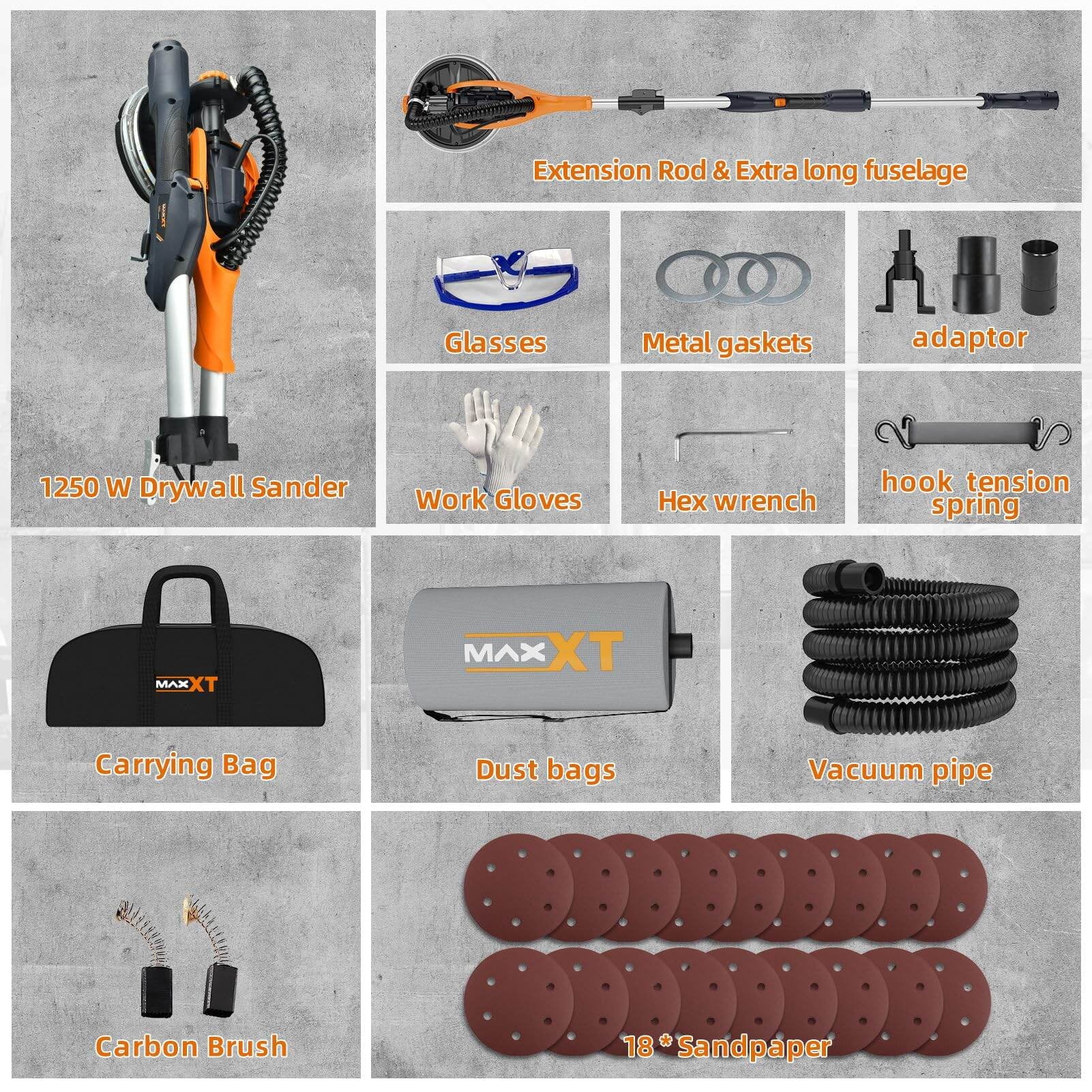 Drywall Sander with Vacuum Dust Collection, 6 Variable Speed Foldable Telescopic Electric Wall Sander, Popcorn Ceiling Removal Tool, 1900RPM Power Sander Tool, LED Light, 18Pcs Sanding Discs,Power D