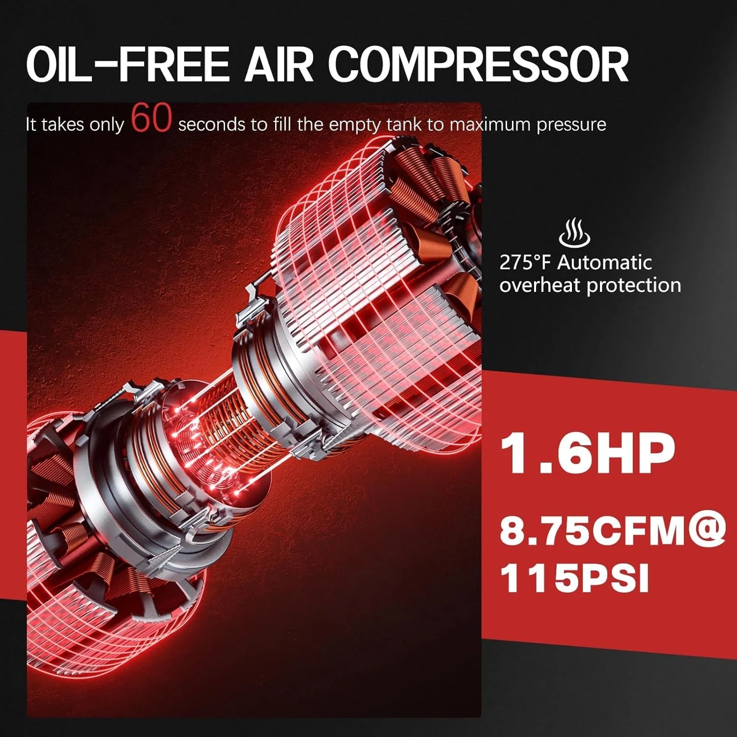 Zhixing 8 Gallon Portable Oil-Free Air Compressor, Ultra Quiet 70dB, 1.5HP 115PSI High Pressure 4.52CFM, Auto Repair/Bicycle Tire Inflating/Garage Painting | 110V-60Hz Home and Commercial