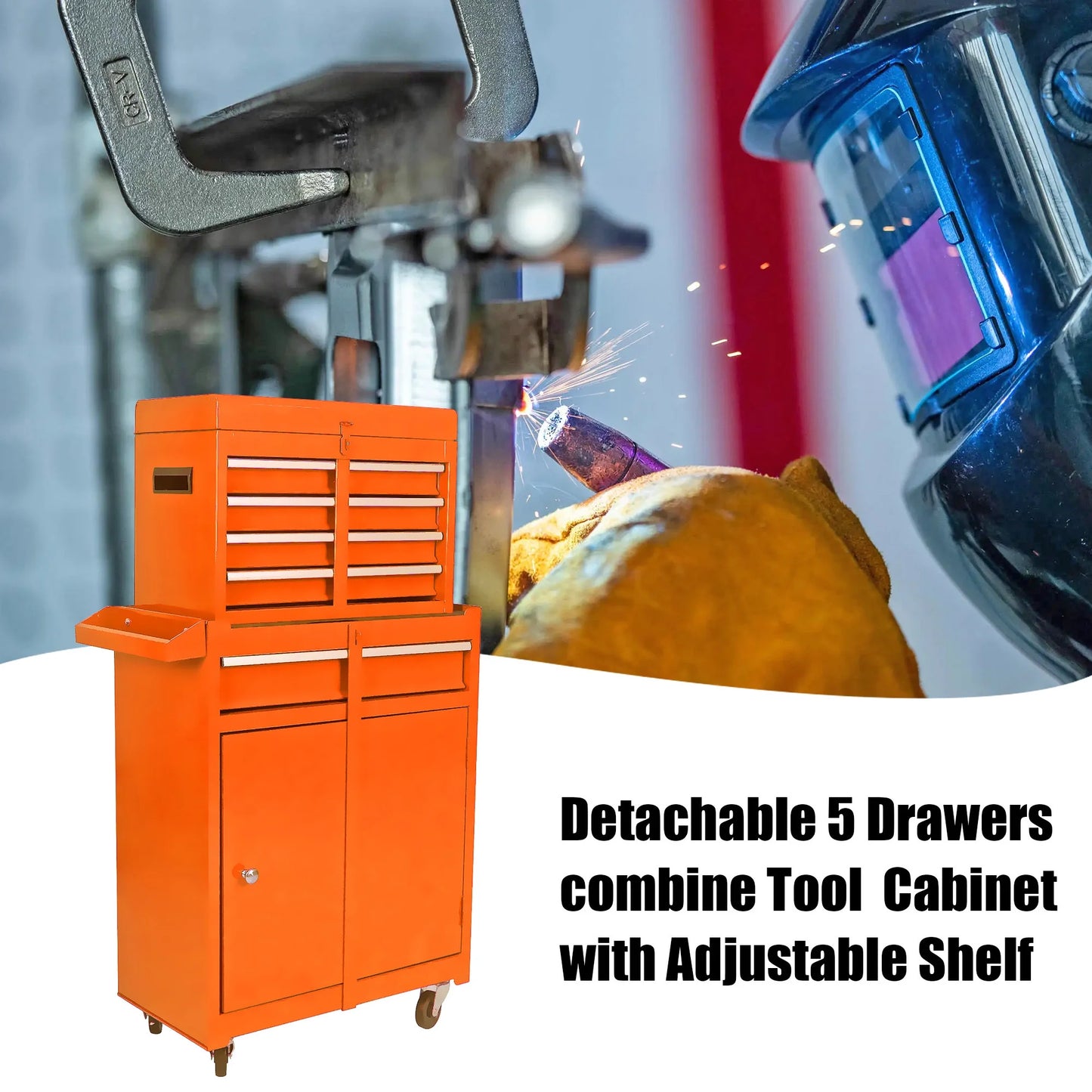 Rolling Tool Chest, 5-Drawer Tool Box Organizer Sliding Drawers Detachable Top & Adjustable Shelf