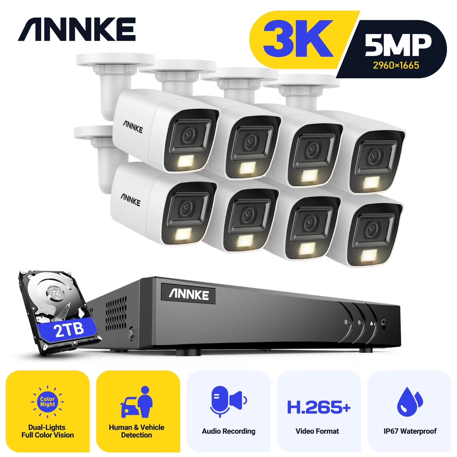 ANNKE 8CH 5MP Security Camera System, 3K AI DVR and 8x3K CCTV Camera with Dual Light, Human/Vehicle Detection, IP67, Color Night Vision, 0TB HDD, Audio/Mic
