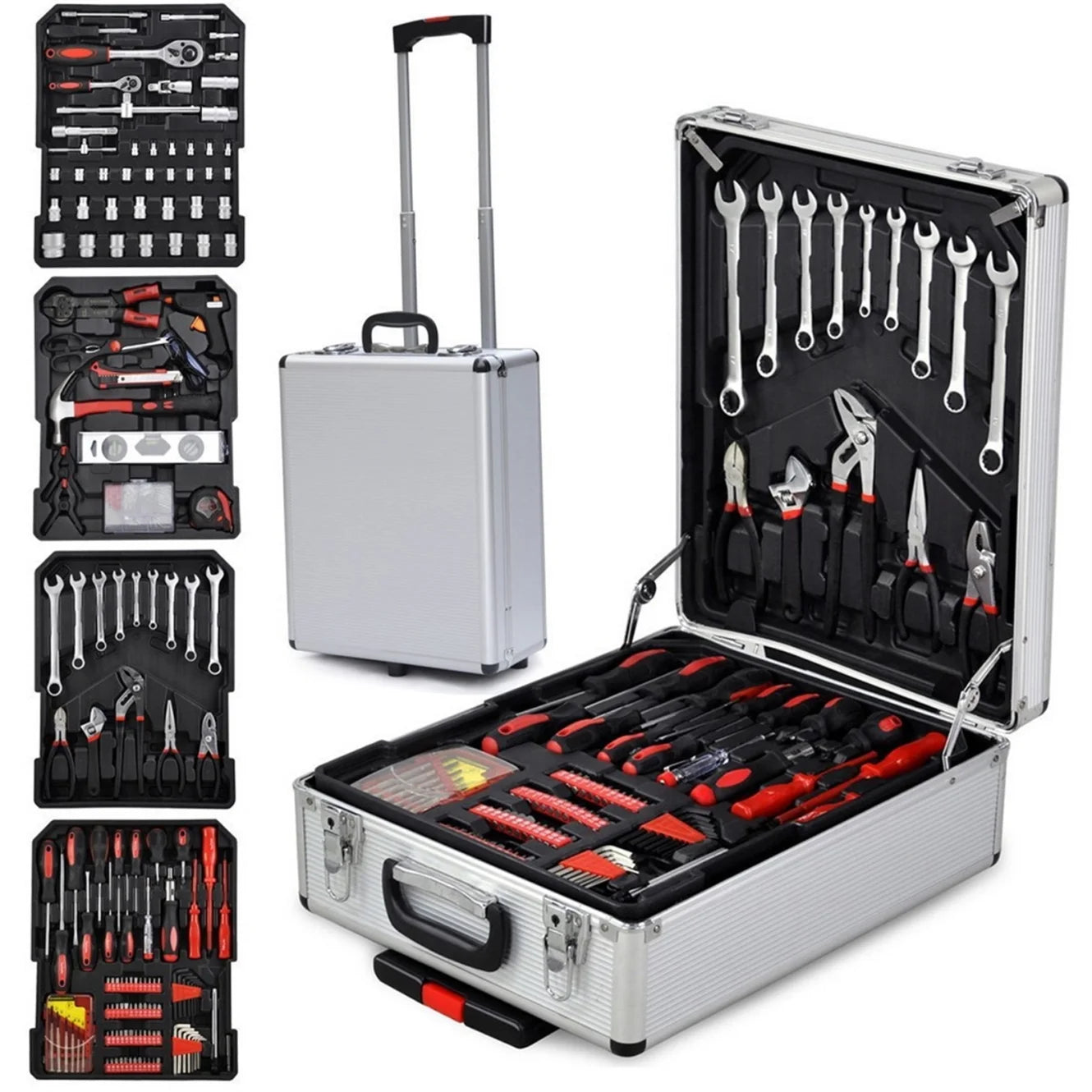 799PCS Aluminum Trolley Case Tool Set, Complete Tool Box Set with Rolling Wheels, Household Hand Tools Kit for Men, Silver
