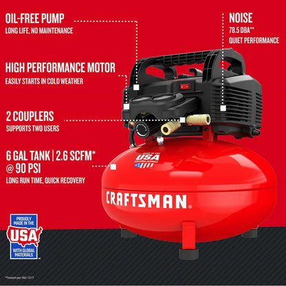 CRAFTSMAN Red 0.8HP 150 PSI 1-Stage Oil-Free Air Compressor 6 gal