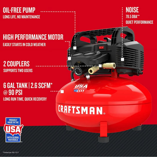 CRAFTSMAN Red 0.8HP 150 PSI 1-Stage Oil-Free Air Compressor 6 gal