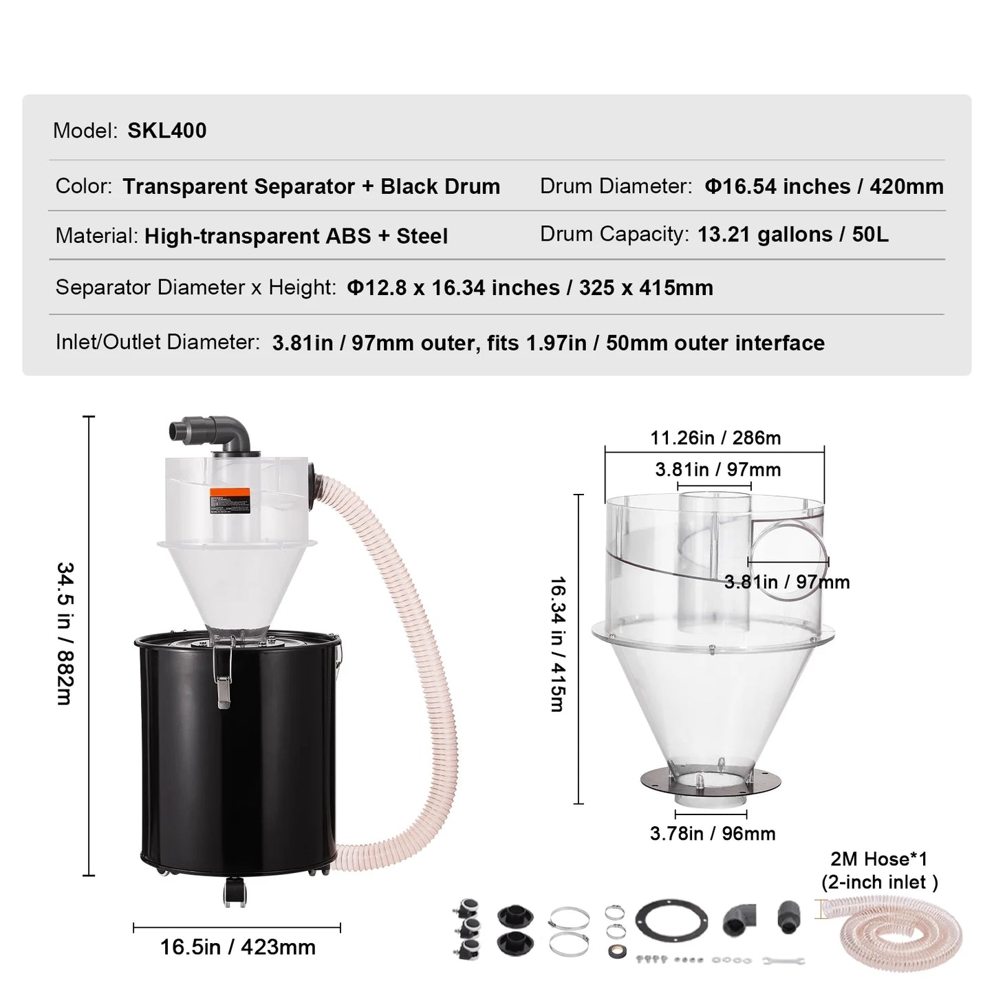 KFFKFF Dust Cyclone Kit with Steel Container, 4" Upgrade for Dust Collection Systems, ABS Dust Deputy, 2" Outer Diameter Connector & Hose for Wet/Dry Vacuums, Compatible with 13.21 Gallon Tanks