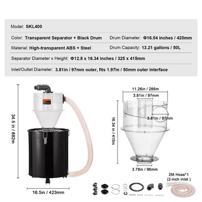 KFFKFF Dust Cyclone Kit with Steel Container, 4" Upgrade for Dust Collection Systems, ABS Dust Deputy, 2" Outer Diameter Connector & Hose for Wet/Dry Vacuums, Compatible with 13.21 Gallon Tanks