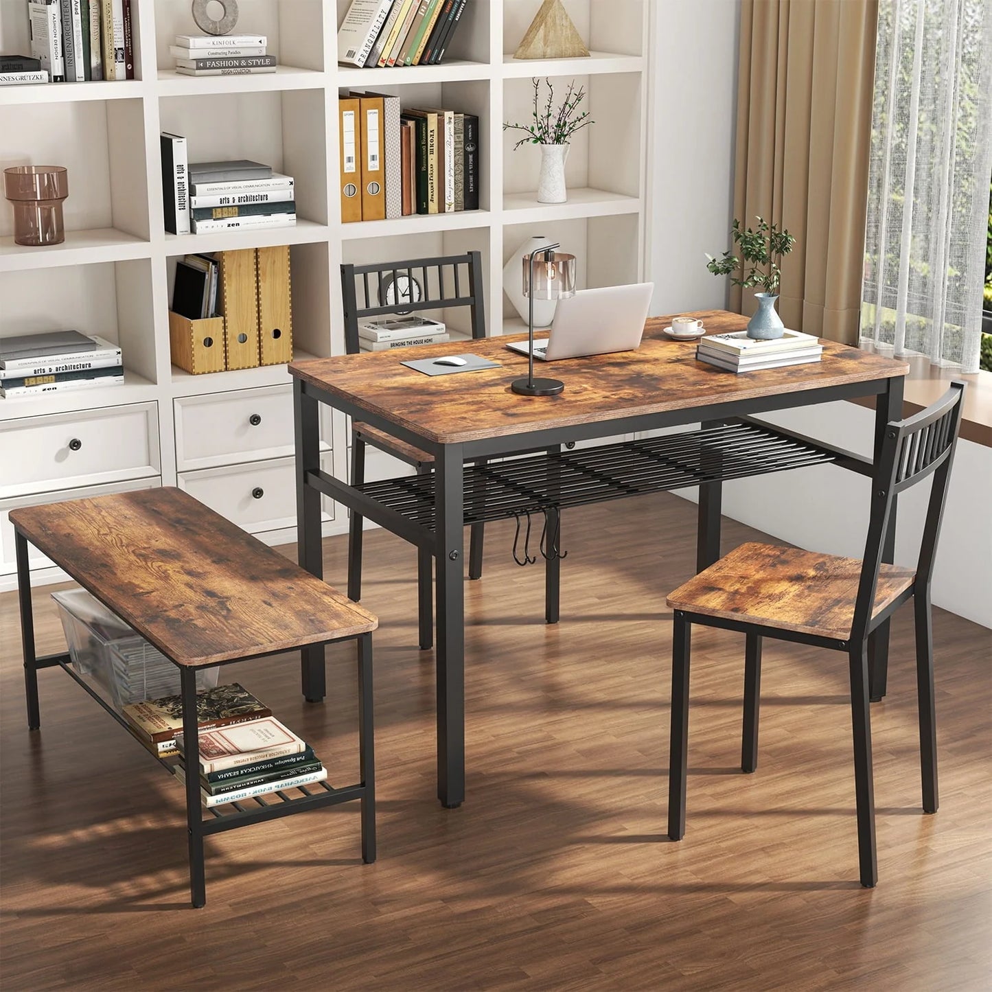 Winkalon Dining Table Set for 4,Wooden Kitchen Table Set with Storage Rack,1 Bench & 2 Chairs,Brown