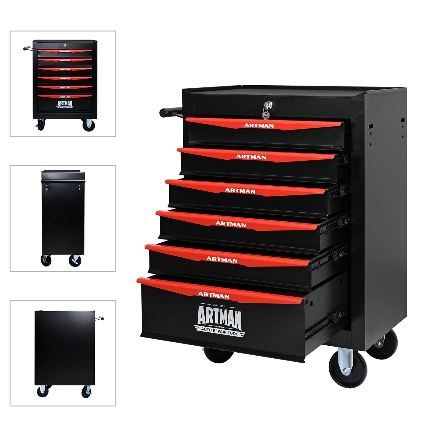 20" Rolling Metal Tool Chest with 6 Drawers, Ball Bearing Slides, Steel Tool Storage Organizer, Black & Red