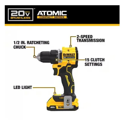 VSM DEWALT ATOMIC 20-Volt Lithium-Ion Cordless Compact 1/2 in. Drill/Driver Kit with 2.0Ah Battery, Charger and Bag