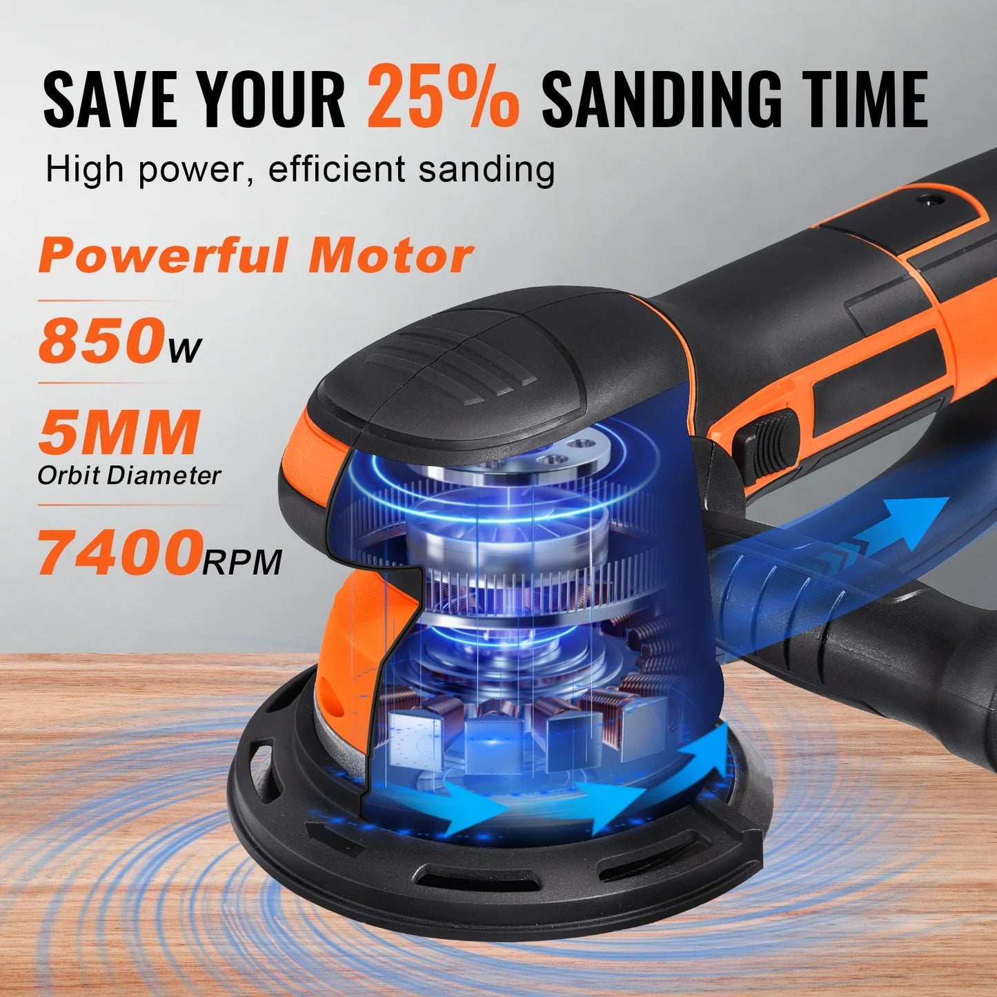 KFFKFF Eccentric Sander,Dual Function 6-Inch DA & GA Orbital Sander,850W 7400PRM with 6 Adjustable Speeds,Electric Hand Sander including 10PCS Sandpapers,Dust Attachment for Detailed Woodwork Sanding