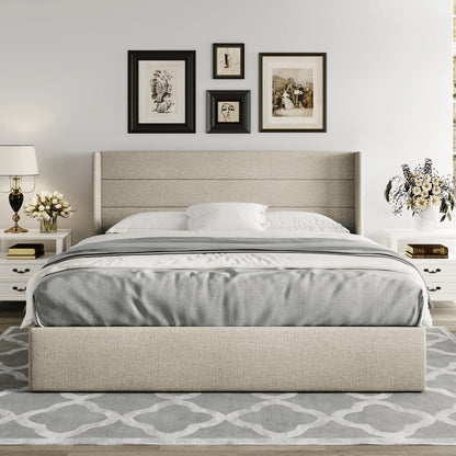 Einfach King Size Lift up Storage Bed with Wingbacks and Horizontal Channel Headboard, Beige