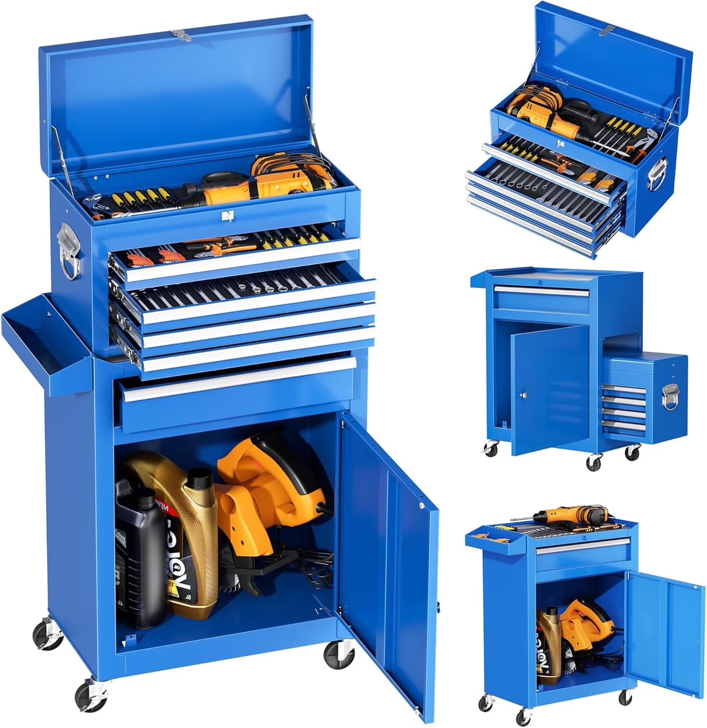 SUNCROWN 2-IN-1 Tool Chest, 8-Drawer Rolling Tool Chest with Hooks and Lockable Wheels,Metal Storage Detachable Top Tool Box with Lockable Wheels for Garage, Workshop, Art Studio(Black)