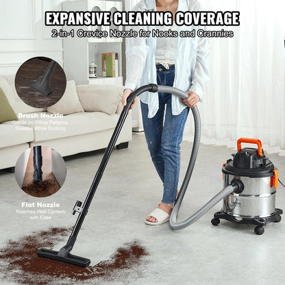 Stainless Steel Wet Dry Shop Vacuum, 5.5 Gallon 6 Peak HP Wet/Dry Vac, Powerful Suction with Blower Function w/Attachment 2-in-1 Crevice Nozzle, Small Vac Perfect for Carpet Debris, Pet Hair