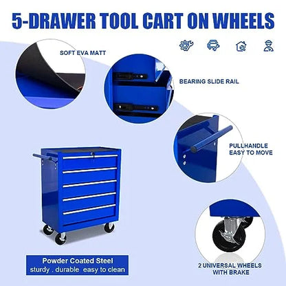 Rolling Garage Workshop Tool Organizer 5 Drawer Tool Chest, Tool Storage Cabinet for Garage Storage with 4 Wheels and Locking System, Blue