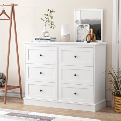 Homfa 6 Drawer Double Dresser White, Wood Storage Cabinet for Living Room, Chest of Drawers for Bedroom
