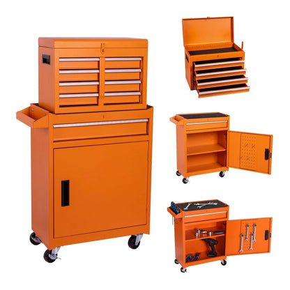 Rolling Tool Chest with 5 Drawers and Detachable Top Box Heavy Duty Steel Construction Lockable Wheels for Garage Workshop Storage Organization