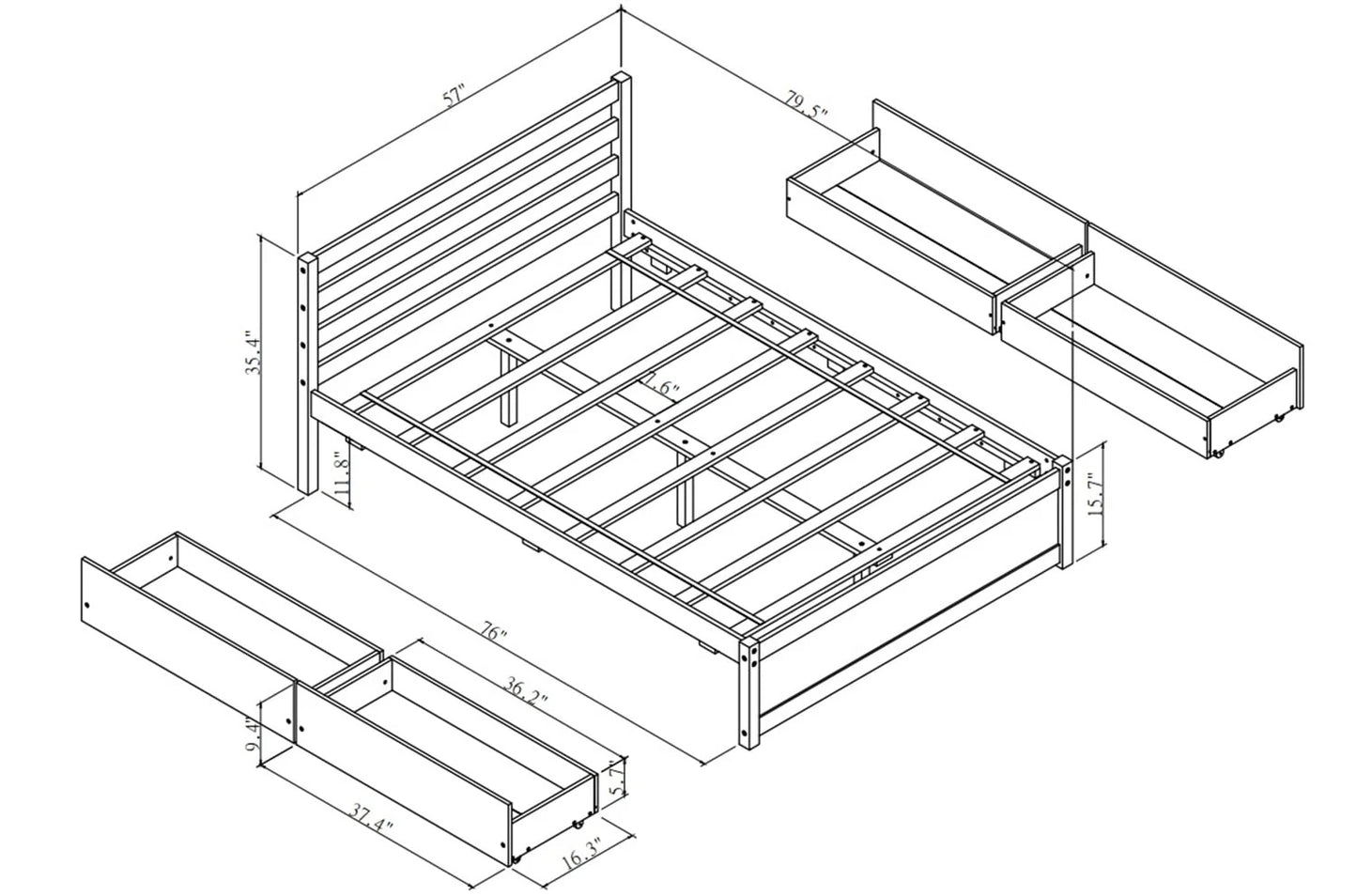 Full Size Platform Bed with 4 Storage Drawers, Solid Wood Bed Frame with Headboard and Slat Support, Storage Bed Frame for Kids Adults Bedroom, Easy Assembly, White
