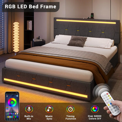Tiptiper Queen Size Bed Frame with 2 USB Charging Station, Upholstered LED Bed Frame with 4 Drawers, Platform Storage Bed with LED Lights Headboard & Footboard, No Box Spring Needed, Dark Gray