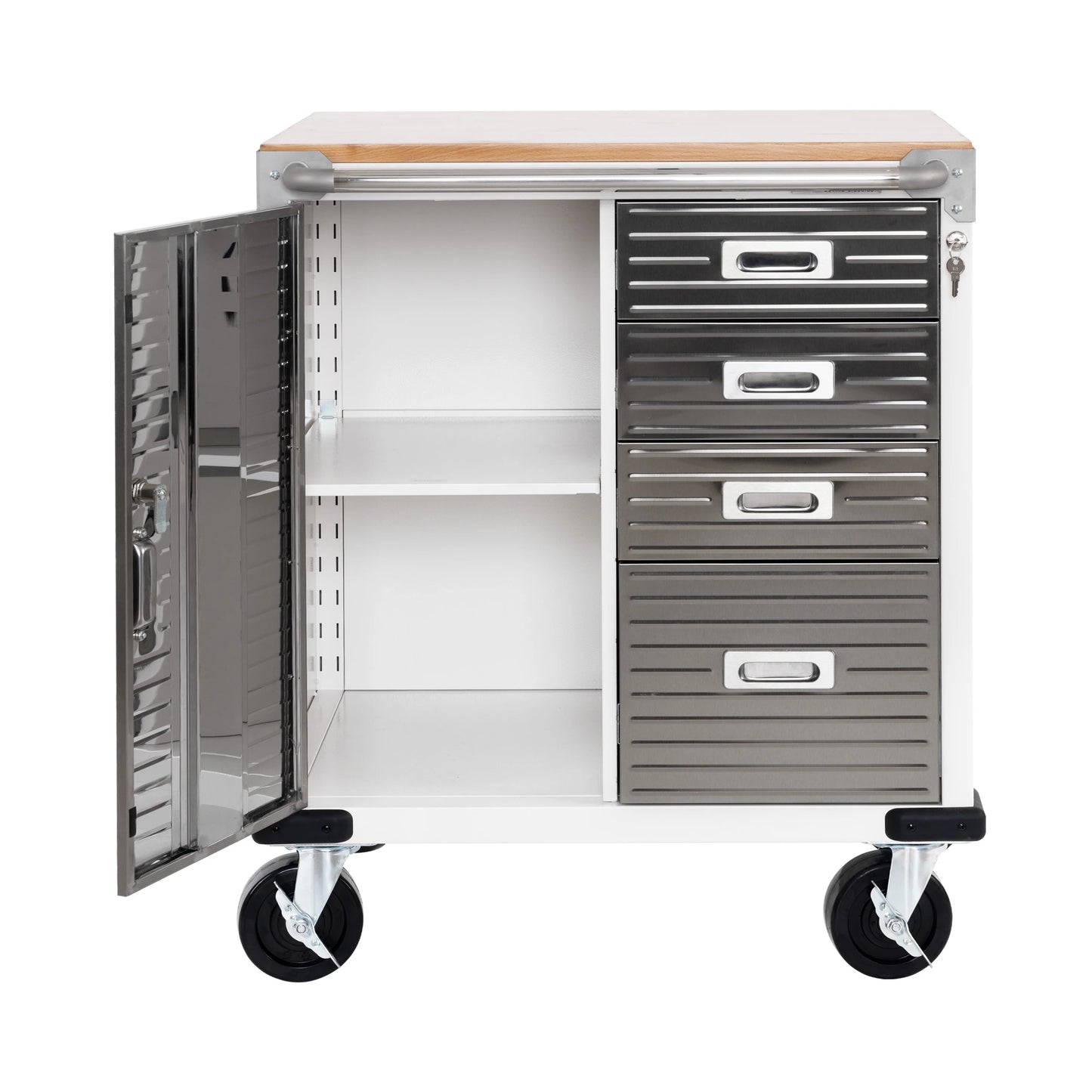 Seville Classics UltraHD Heavy Duty Rolling Cabinet Workbench Table w/Solid Wood Top, Workstation for Garage, Office, Workshop, White, 1-Door, 4-Drawer (28" W x 25" D)