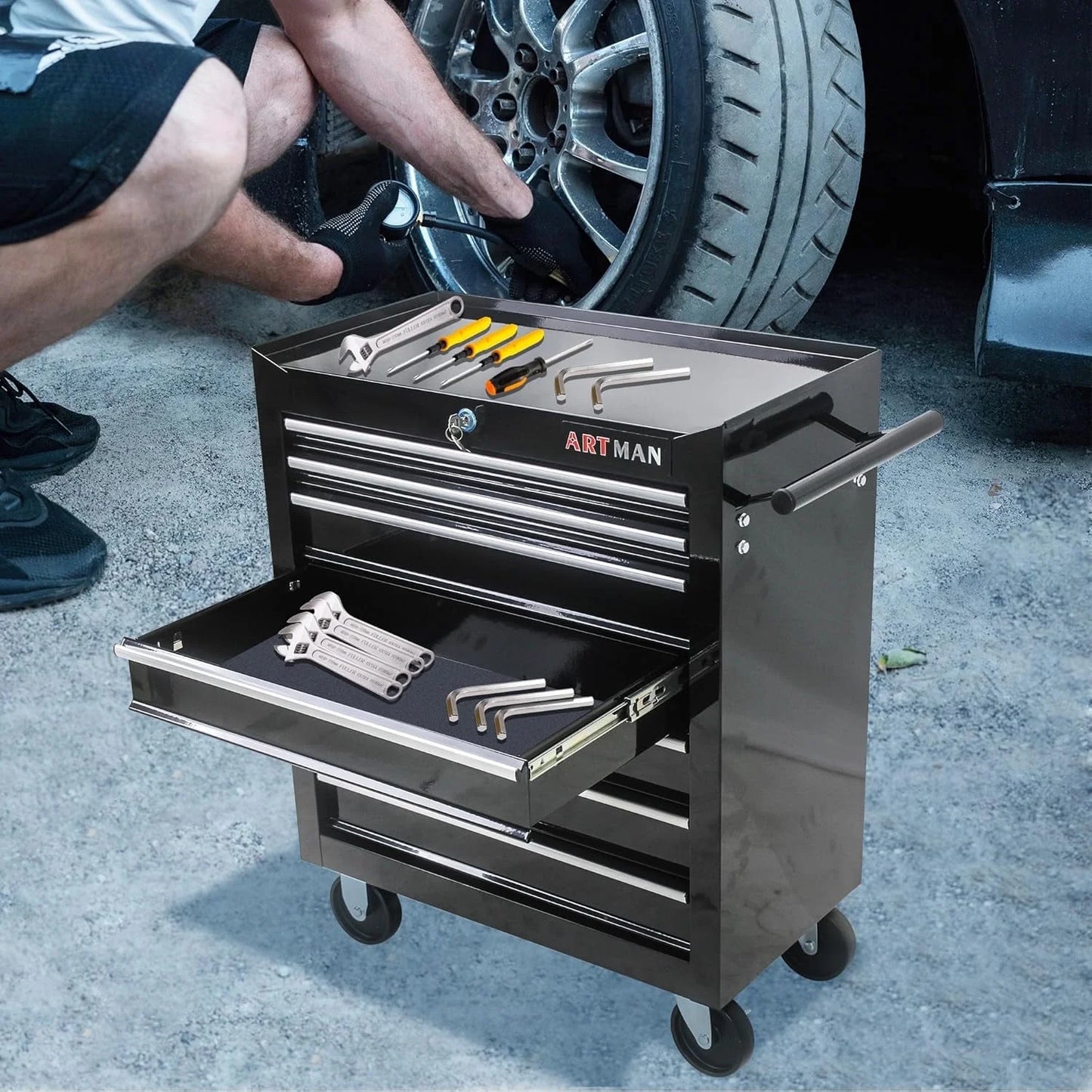 POVANLI 7-Drawer Rolling Tool Chest with Wheels Multifunctional Tool Chest Portable Tool Storage Cabinet with Locking System for Garage Workshop Warehouse Repair Shop