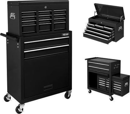 TUFFIOM 8-Drawer Rolling Tool Chest w/Lock & Key, Tool Storage Cabinet w/Wheels, Detachable Top, Drawers, Side Hooks & Drawer Liners, Tool Organizer Box for Garage, Warehouse & Repair Shop