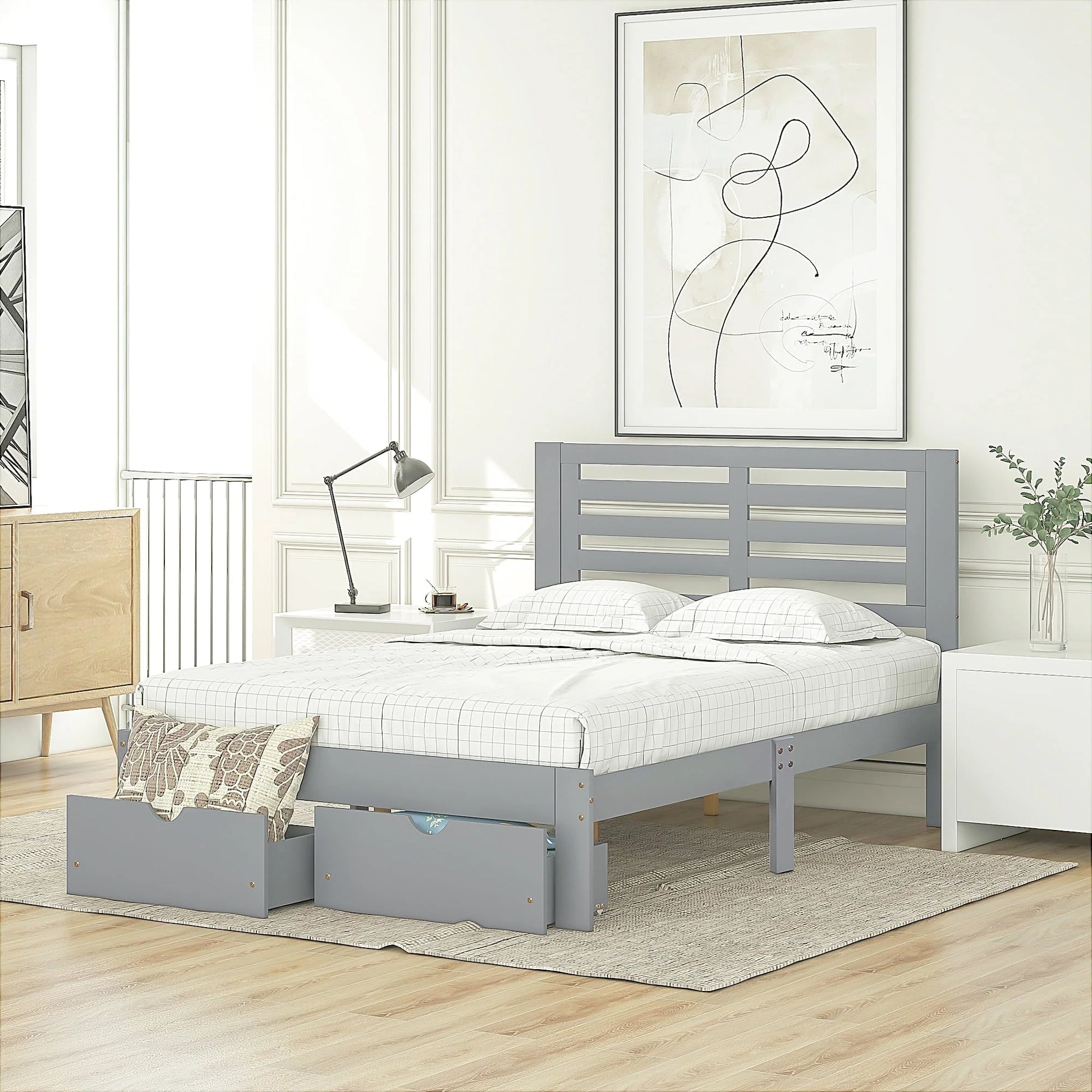 Platform Bed Frame Storage Bed with Headboard, Pine Wood Full Bed Frame for Bedroom, Modern Full Size Bed Frame with Drawers, Wood Slats Support, Holds 400 lb, No Box Spring Needed, Gray