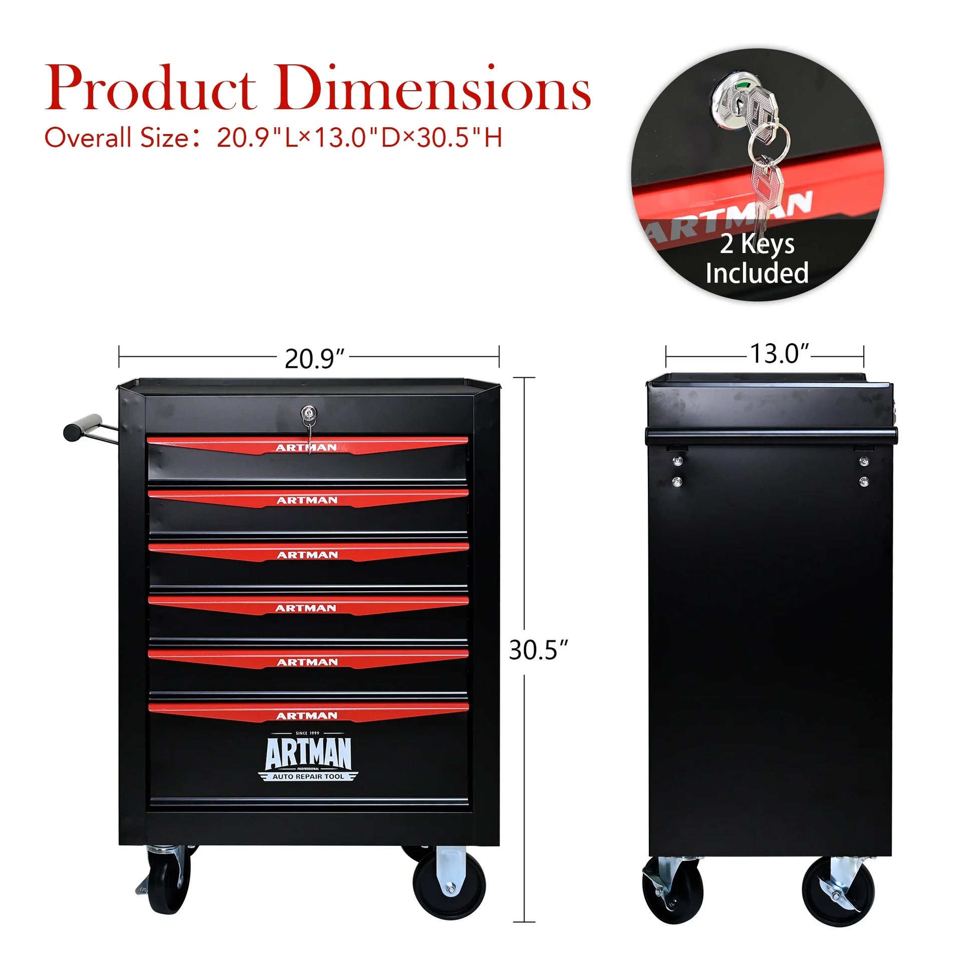 20" Rolling Metal Tool Chest with 6 Drawers, Ball Bearing Slides, Steel Tool Storage Organizer, Black & Red