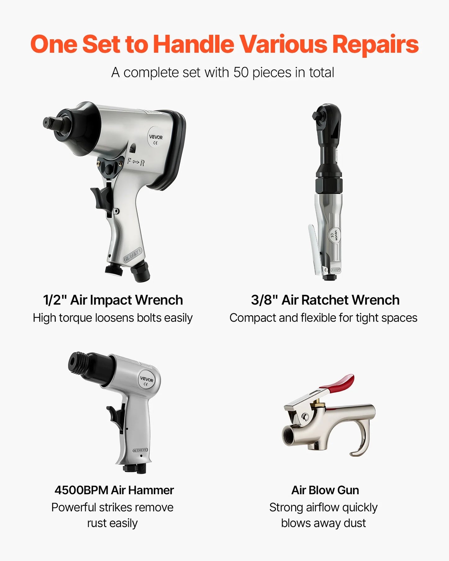 VEVOR 50 Pieces Pro Air Tool and Accessories Kit - 1/2" Air Impact Wrench, 3/8" Ratchet Wrench, 4500BPM Hammer, Blow Gun & Full Accessories for Auto Repairs, Home DIY Projects - with Storage Case