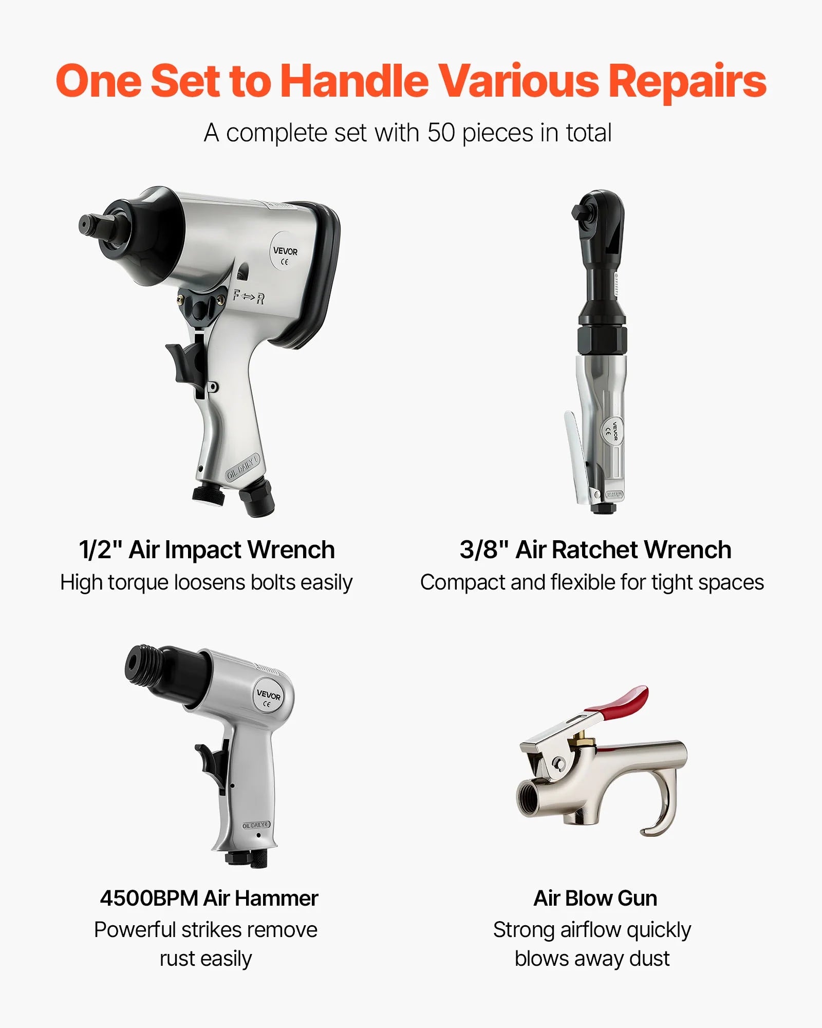 VEVOR 50 Pieces Pro Air Tool and Accessories Kit - 1/2" Air Impact Wrench, 3/8" Ratchet Wrench, 4500BPM Hammer, Blow Gun & Full Accessories for Auto Repairs, Home DIY Projects - with Storage Case