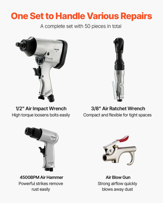 VEVOR 50 Pieces Pro Air Tool and Accessories Kit - 1/2" Air Impact Wrench, 3/8" Ratchet Wrench, 4500BPM Hammer, Blow Gun & Full Accessories for Auto Repairs, Home DIY Projects - with Storage Case
