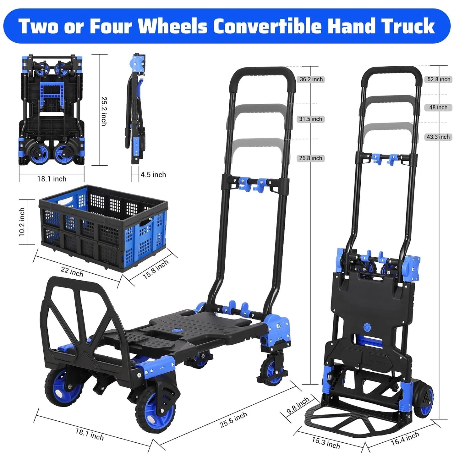 Garvee Folding Hand Truck Dolly with Basket, 2-in-1 Heavy Duty Dolly Cart with Wheels, 330LBS Capacity Convertible Handcart with Retractable Handle for Moving, Blue+Black