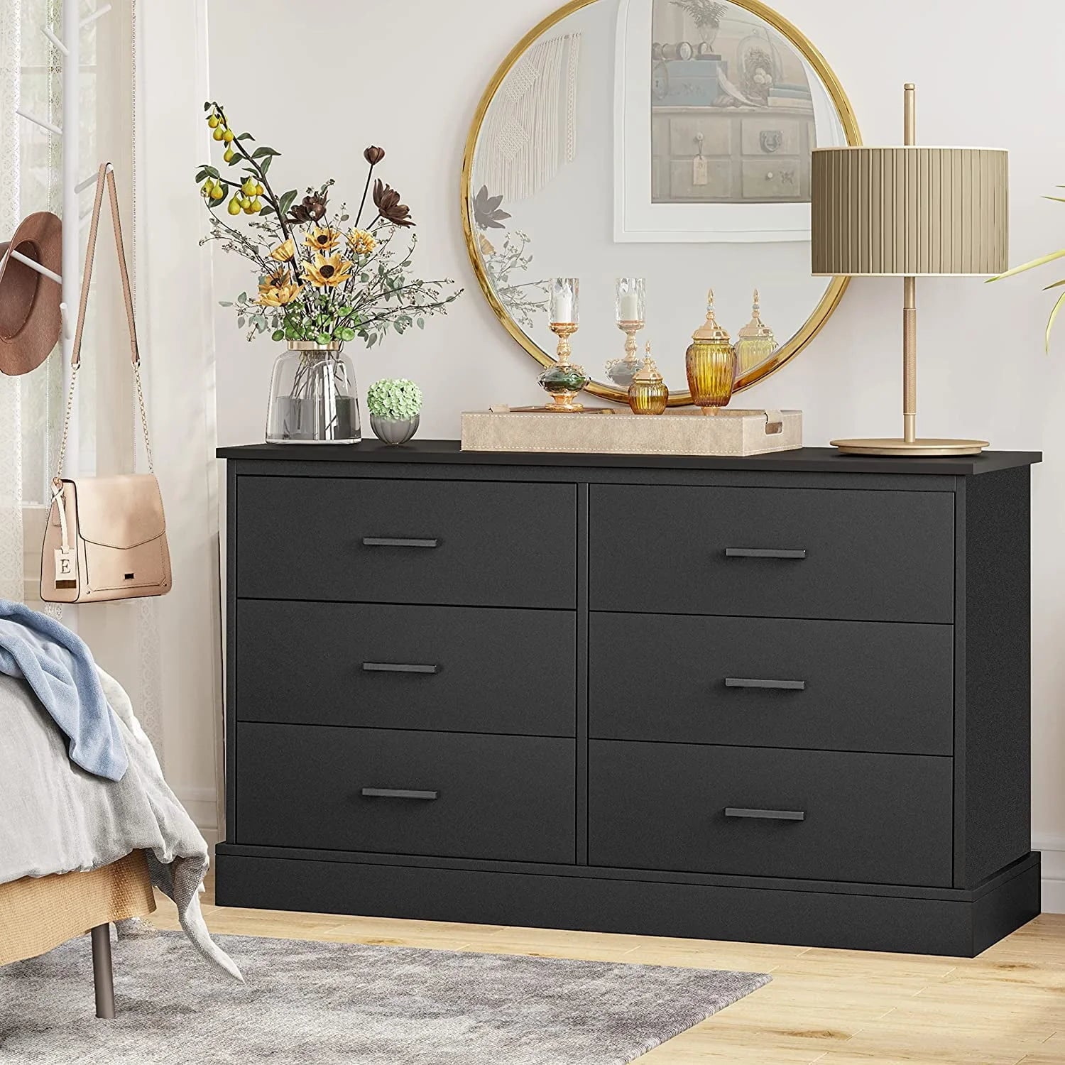 Black Double Dresser with 6 Drawers for Bedroom, Wood Large Chest of Drawers Storage Tower Clothes Organizer