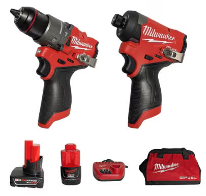 Milwaukee M12 FUEL 12V Lithium-Ion Brushless Cordless 2-Tool Combo Kit - 1/2" Hammer Drill & 1/4" Impact Driver with 2 Batteries, Charger & Bag (Model 3497-22)