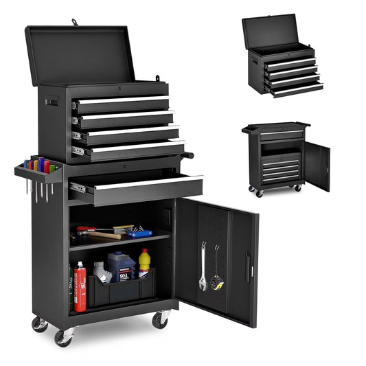 NETAJE Metal Tool Chest, 2 in 1 Steel Rolling Tool Box & Cabinet On Wheels for Garage, Detachable Top Tool Box and Lockable Wheels Metal Tool Cart for Garage, 5-Drawer, Black