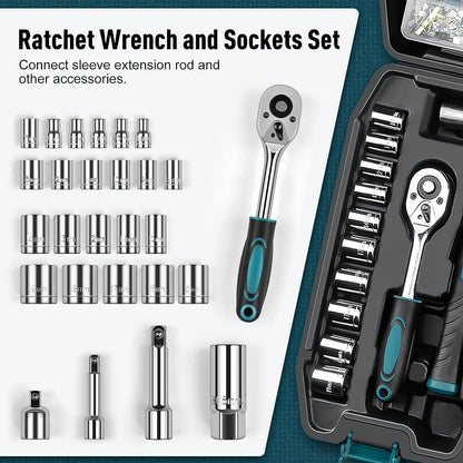 Home Tool Kit 281-PCs - General Basic Home Auto Repair Tool Kits - Complete Portable Hand Tool Sets for Women - Tool Box Set with Socket Wrench Set & Screwdriver Sets & Hex Key & Pliers