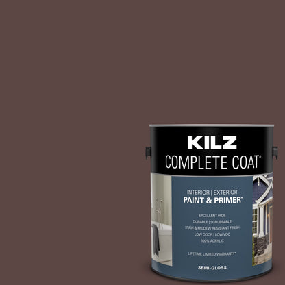 KILZ Complete Coat Paint & Primer, Interior/Exterior, Semi-Gloss, Burnt Clay, 1 Gallon
